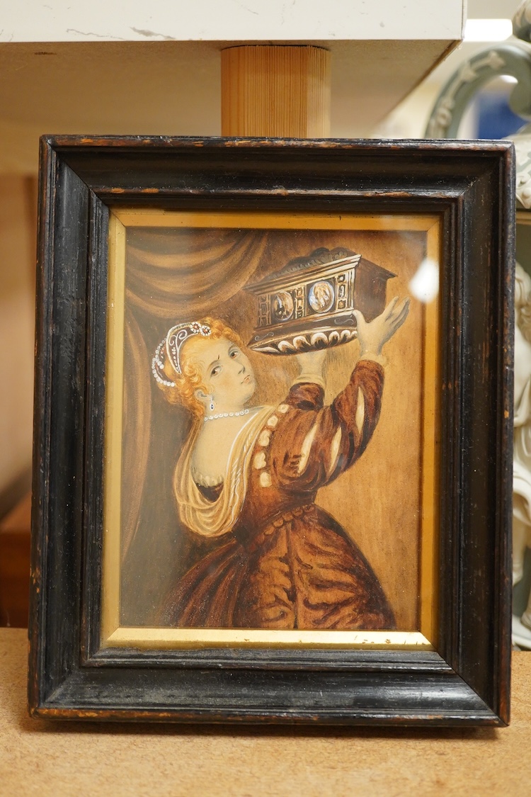 After Titian, 19th century School, Portrait miniature of Titians Daughter, watercolour on card, framed, 14 x 10cm